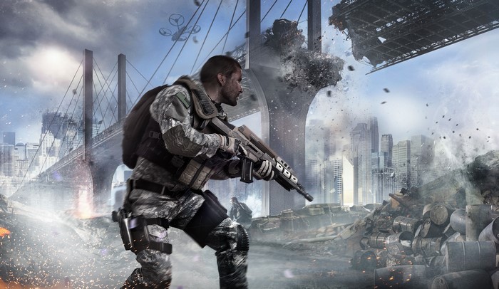 Soldier with rifle in destroyed city with bridge