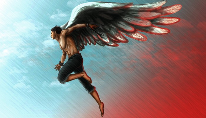 Man with wings chained in the sky