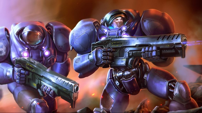 StarCraft warriors in power armor with assault rifles