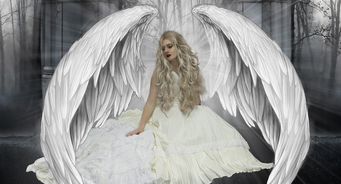 Blonde angel girl with white wings sitting