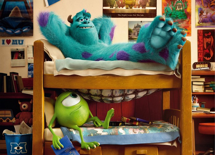 Sulley and Mike from Monsters University in a dorm room