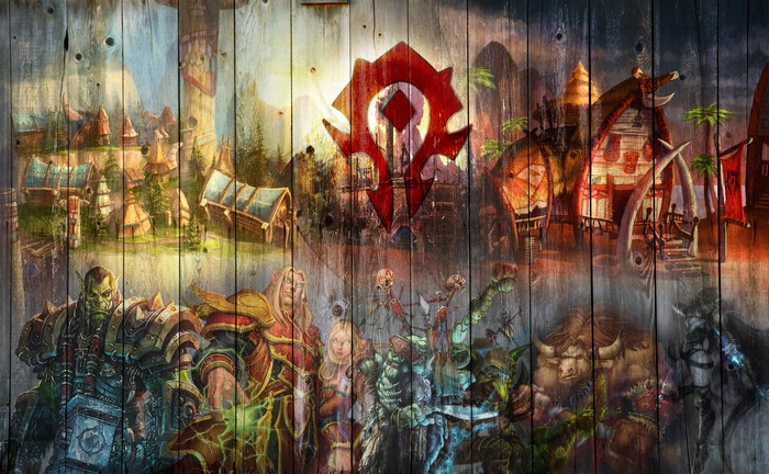 World of Warcraft Horde characters and settlements on wooden fence
