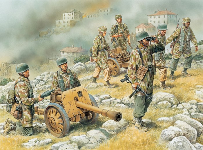 Soldiers with a cannon in a war-torn village