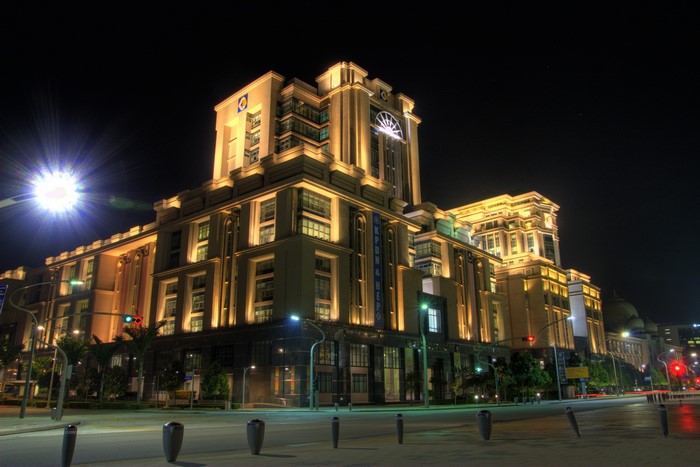 Illuminated building at night in Putrajaya, Malaysia