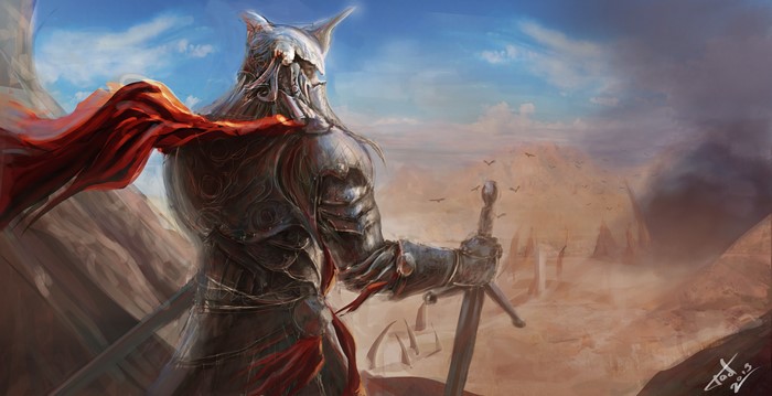Knight in ornate armor with red cape in a desert landscape