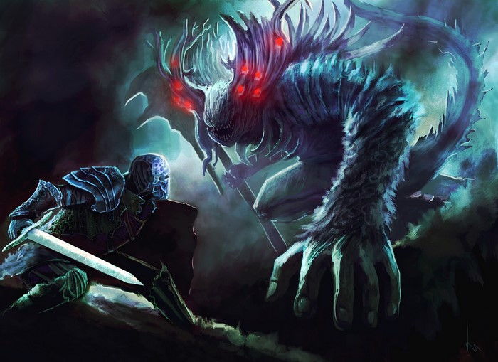 Warrior fighting a large monster with red eyes