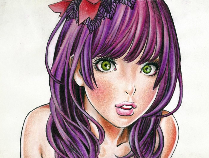 Anime girl with purple hair and green eyes
