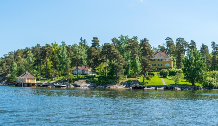 Houses on a wooded island in Vaxholm, Sweden