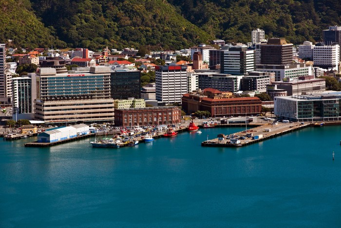 Wellington, New Zealand Harbor with Buildings and Boats