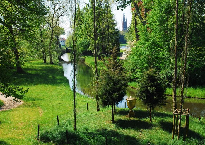 Park in Germany with a pond and bridge