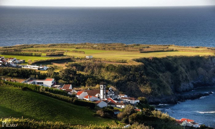 Coastal village and fields in Azores, Portugal