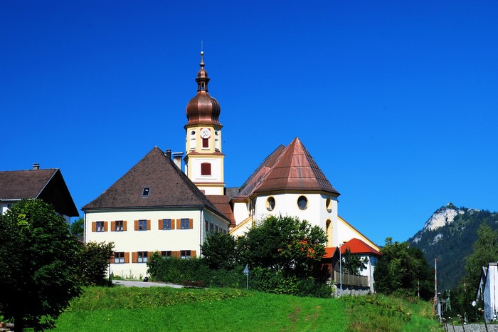 Church tower and buildings in Vils, Tyrol, Austria