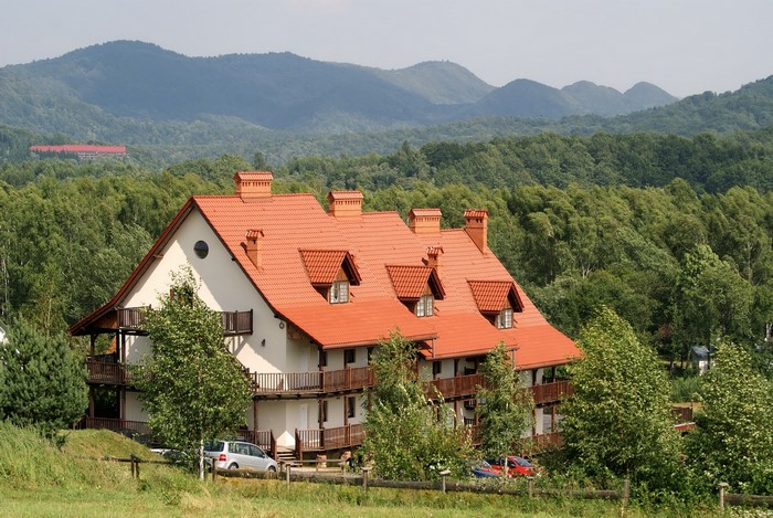 Large house with red roof in a forest with mountains