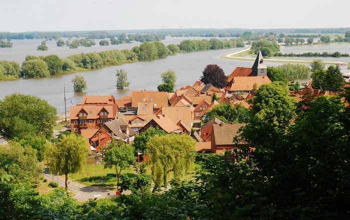Hitzacker, Germany flooded landscape with village and church