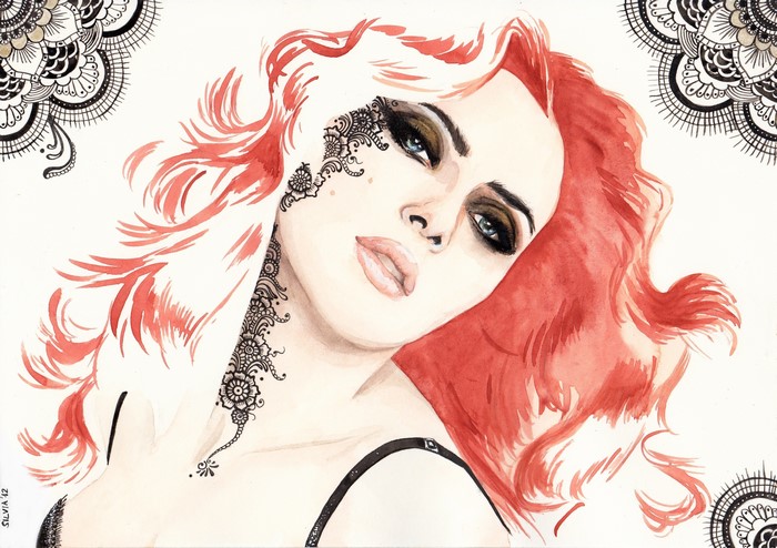 Painting of a Redhead Girl with Henna Tattoos