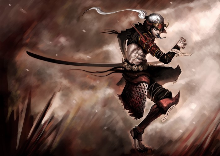Samurai warrior with katana in battle stance