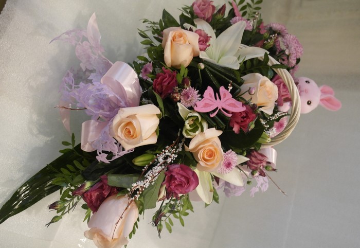 Bouquet with Roses and a Pink Bunny