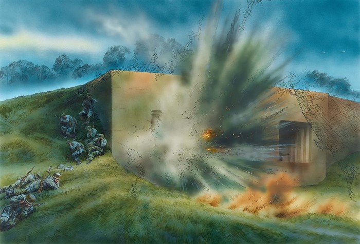 Soldiers advancing during an explosion near a bunker