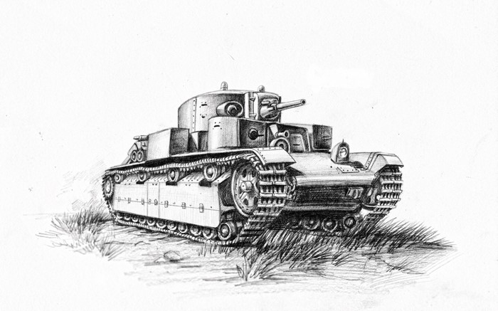 Pencil sketch of a T-28 tank