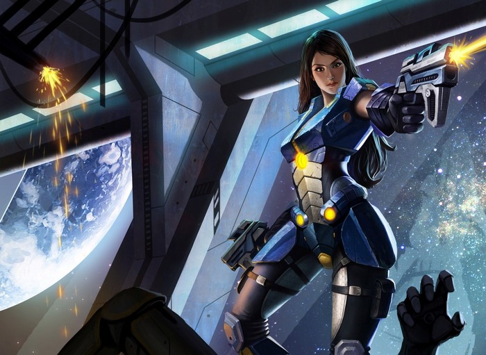 Woman in futuristic armor firing a pistol in space