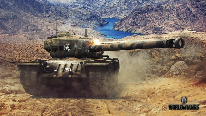 T34 tank firing in a desert landscape