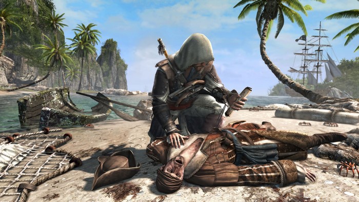 Assassin's Creed 4 Black Flag: Man kneeling over fallen warrior on beach
