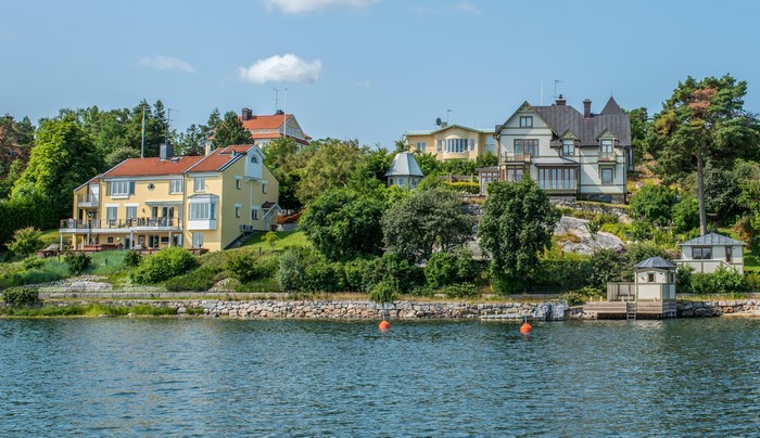 Houses on a hill overlooking the water in Nacka, Sweden