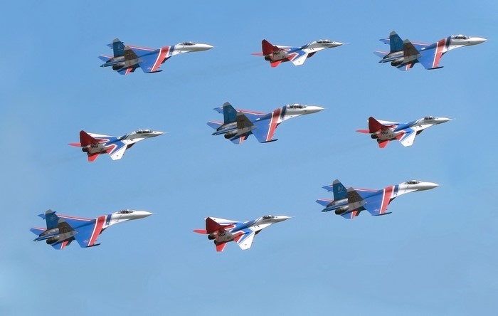 Formation of fighter jets in flight
