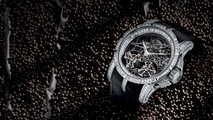 Diamond-encrusted tourbillon watch with black leather strap