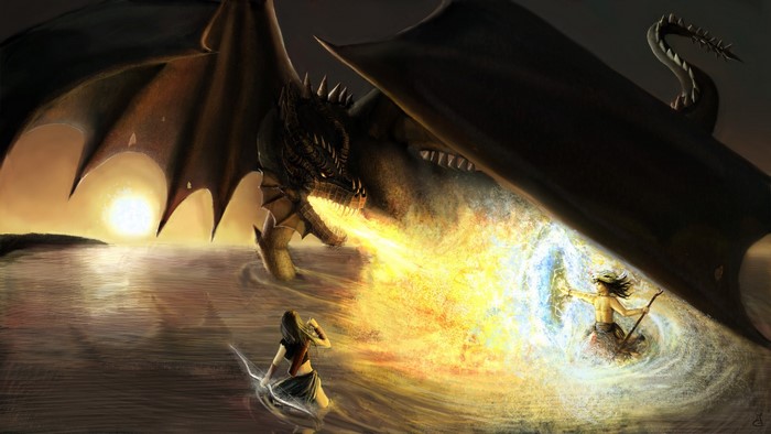 Dragon breathing fire at two people in water