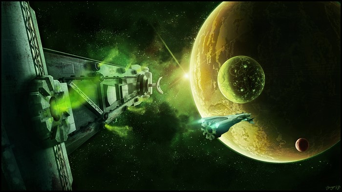 Space station and planets with spaceship
