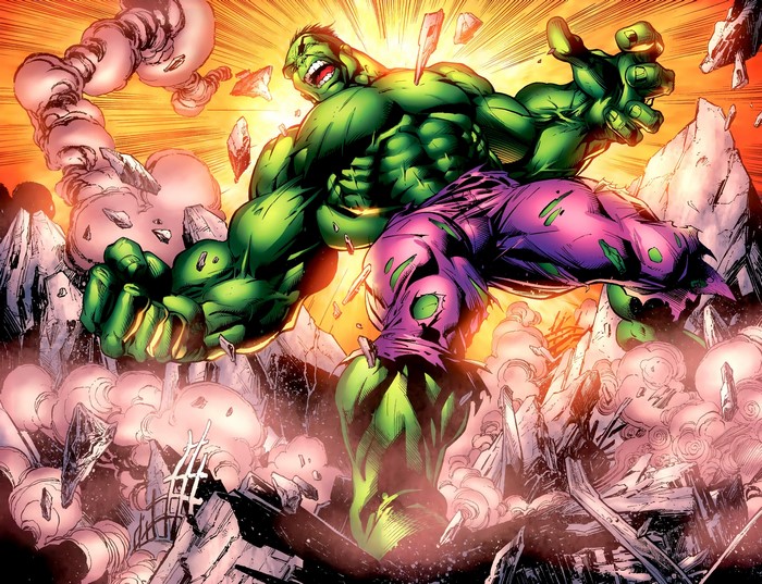 The Hulk smashing through debris