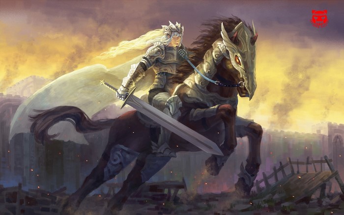 Warrior on horseback with sword and armor