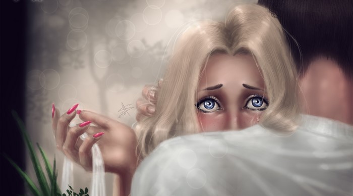 Painting of a blonde girl crying while being hugged