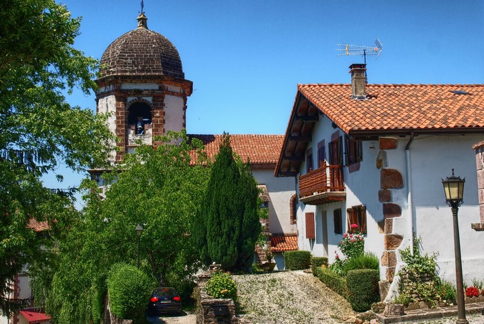 Church tower and houses in Navarra, Spain