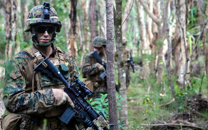 Marines in formation with rifles in a forest