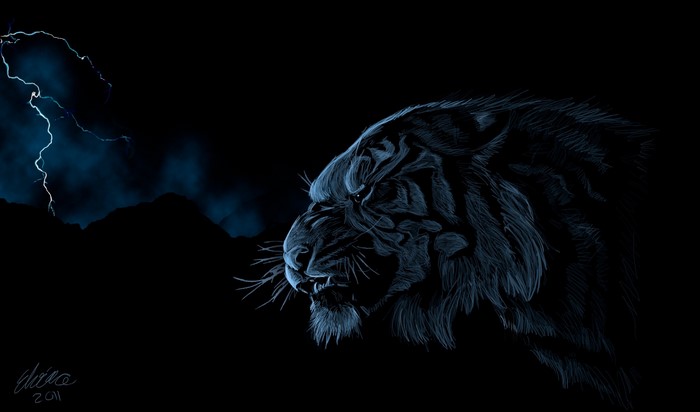 Tiger in a thunderstorm