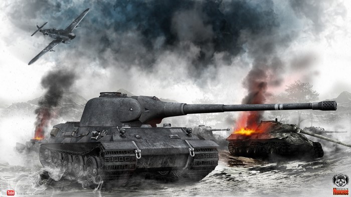 World of Tanks battle with tanks and airplane