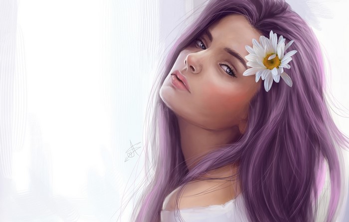 Painting of a woman with purple hair and a daisy