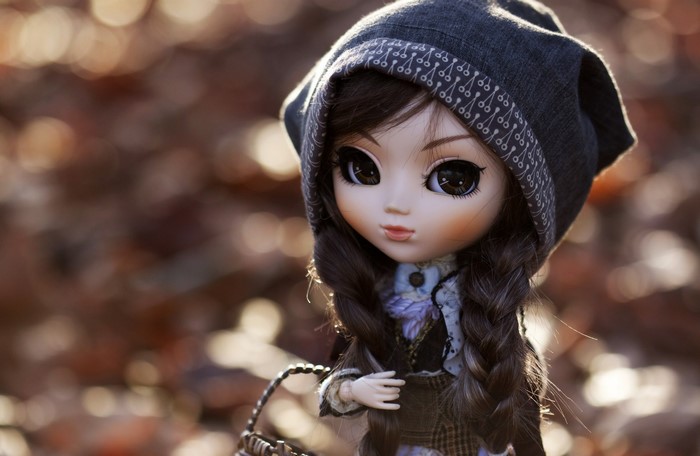 Doll with braided hair wearing a winter hat