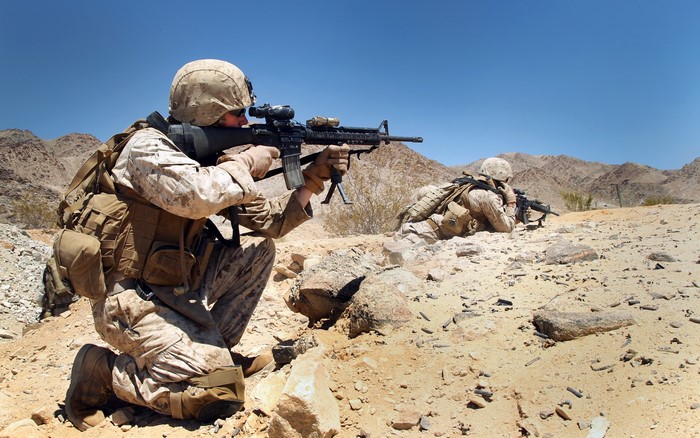 Soldiers with assault rifles in desert landscape