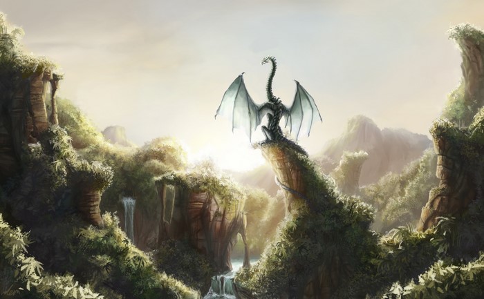 Dragon perched on a cliff in a fantasy landscape