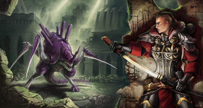 Warhammer 40000: Warrior fights Tyranid monster
