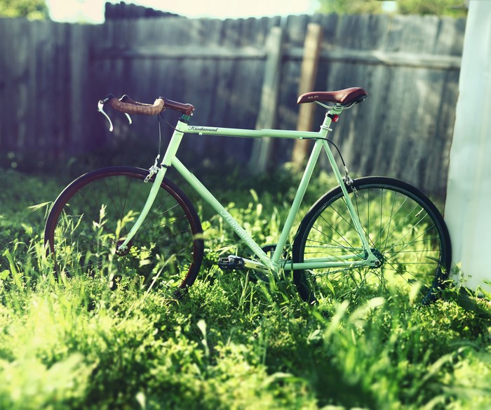 Mint green bicycle in grass