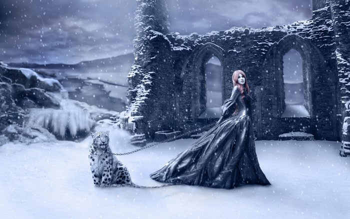 Gothic Fantasy Woman with Snow Leopard in Ruins