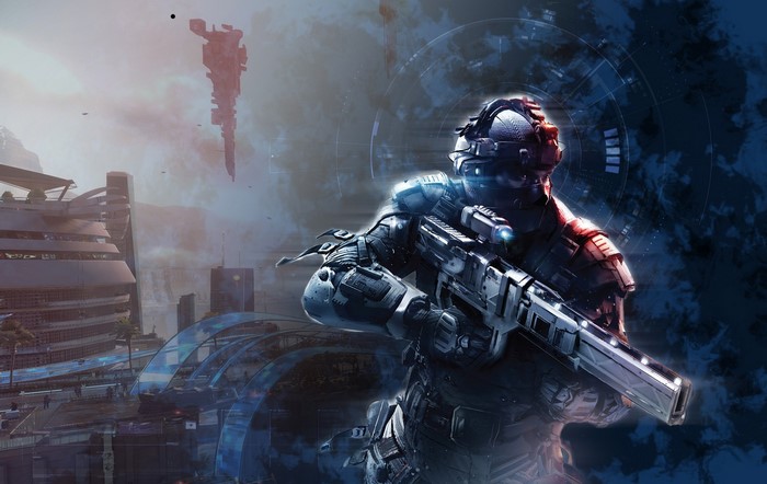 Soldier with rifle in futuristic city
