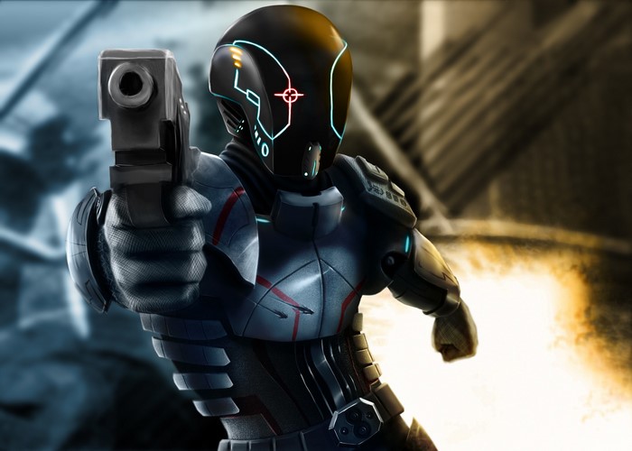 Armored warrior with helmet and pistol