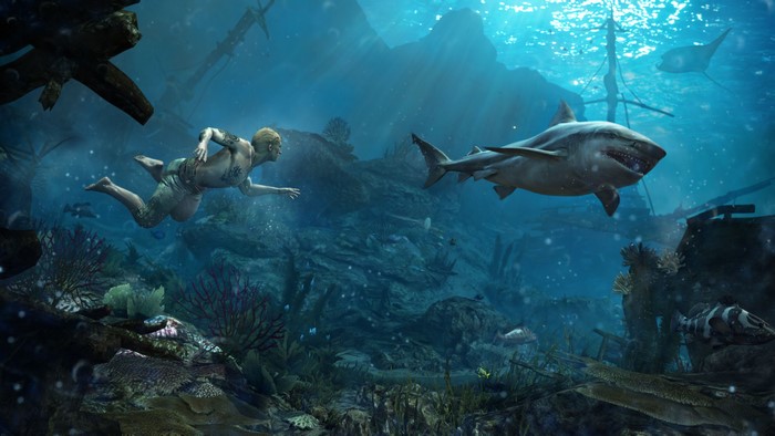 Man swimming near sharks in Assassin's Creed 4 Black Flag underwater