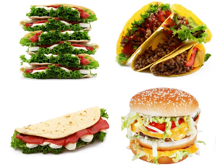 Stack of sandwiches, tacos, and a hamburger