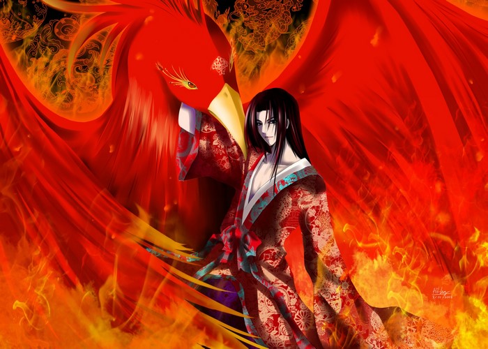 Man in Kimono with a Fiery Phoenix